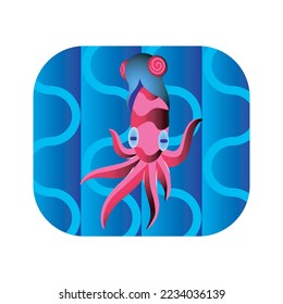a pink cuttlefish with its dizzy cap head over a simple ocean wave design