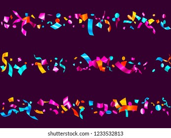 Pink cyan blue gold foil holiday realistic confetti flying vector background. Glamorous flying tinsels, foil texture serpentine streamers, sparkles, confetti falling carnival background.