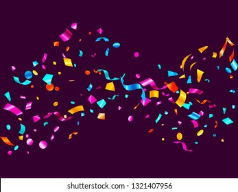 Pink cyan blue gold foil holiday realistic confetti flying vector background. VIP flying tinsels, foil texture serpentine streamers, sparkles, confetti falling anniversary background.