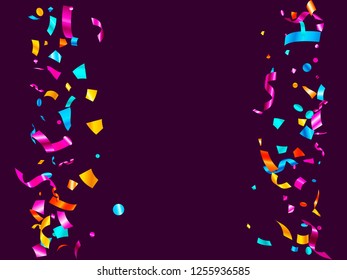 Pink cyan blue gold glowing holiday realistic confetti flying vector background. Chic flying tinsels, foil texture serpentine streamers, sparkles, confetti falling party background.