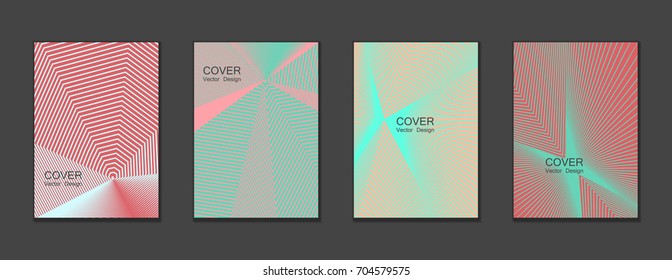 Pink and cyan blue halftone vector cover template with lines. Title places. Vector brochure design covers geometric shape background set, halftone lines trendy pattern abstract collection.