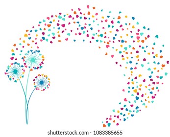 Pink cyan blue vector dandelion herbs, meadow flowers illustration. Floral romantic background with dandelion blowing plant. Flowers with heart shaped feather flying. Meadow blossom.