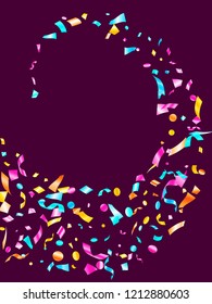 Pink cyan blue yellow glossy holiday realistic confetti flying vector background. Creative flying tinsels, foil texture serpentine streamers, sparkles, confetti falling festive background.