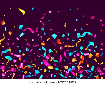 Pink cyan blue yellow glowing holiday realistic confetti flying vector background. Luxurious flying tinsels, foil texture serpentine streamers, sparkles, confetti falling new year background.