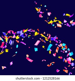 Pink cyan blue yellow shiny holiday realistic confetti flying vector background. Luxurious flying tinsels, foil texture serpentine streamers, sparkles, confetti falling Christmas background.