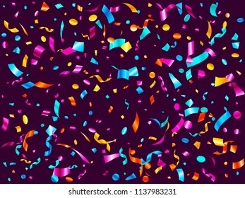 Pink cyan gold foil holiday realistic confetti flying vector background. Rich flying tinsels, foil texture serpentine streamers, sparkles, confetti falling anniversary background.