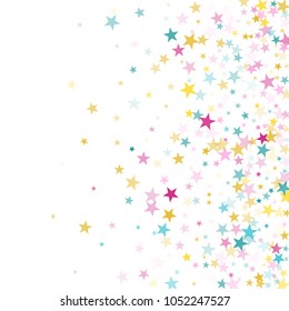 Pink cyan gold vector star background sparkle pattern. Colorful confetti of flying stars, magic geometric sparkles on white. Cosmic party design.