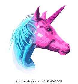 A pink and cyan mythical unicorn horse. Vector illustration