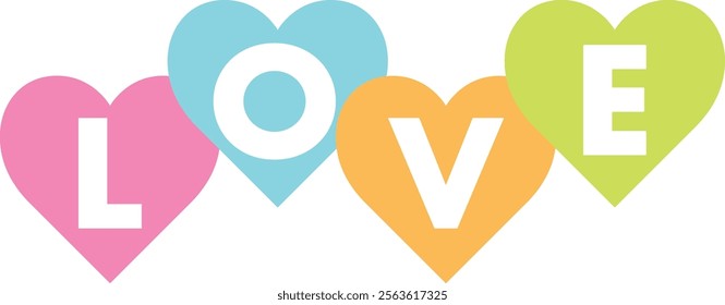 pink cyan orange and lime green heart shape with word love white color isolated on white background.