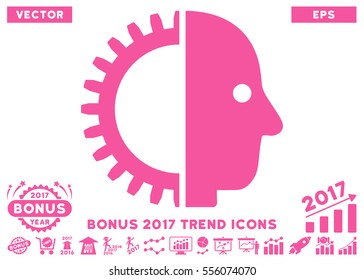Pink Cyborg Head icon with bonus 2017 year trend icon set. Vector illustration style is flat iconic symbols, white background.