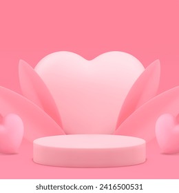 Pink cylinder 3d podium pedestal with heart wall and leaves realistic vector illustration. Elegant romantic advertising showroom empty commercial display mock up for cosmetic product show presentation
