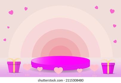 Pink cylinder pedestal podium, decorative empty pink spheres, light pink gradient semicircle backdrop, luxury gift box mockup, 3d vector illustration, product presentation, studio room, minimal wall 