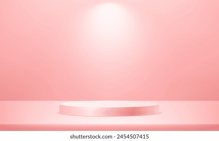 Pink cylinder pedestal podium. Pink studio room. Space for selling products on the website. Template mock up for display of product. Business backdrop. Vector illustration.
