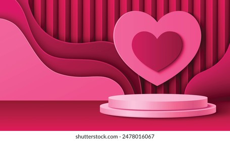 Pink cylinder two step podium with wave layers and heart shape on wall for Valentine day congratulation or promotion. Realistic 3d vector product platform. Abstract background with stage template.