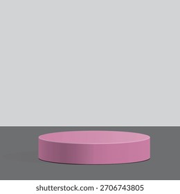 Pódium cilíndrico rosa sobre fondo de superficie gris.