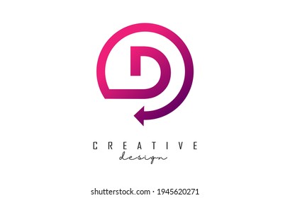 Diseño del logotipo de la letra D rosada con marco de círculo y flecha. Ilustración vectorial creativa con color rosa y letra D.
