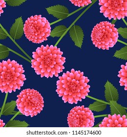 Pink Dahlia on Navy Blue Background. Mexico's national flower. Vector Illustration.