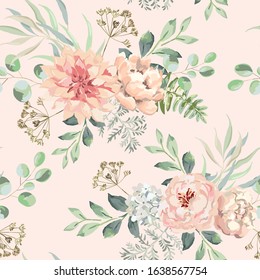 Pink dahlia, rose, peony flowers with green leaves bouquets, blush background. Floral illustration. Vector seamless pattern. Botanical design. Nature summer plants. Romantic wedding