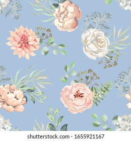 Pink dahlia, rose, peony flowers with green leaves bouquets, blue background. Floral illustration. Vector seamless pattern. Botanical design. Nature summer plants. Romantic wedding