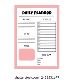 Pink daily notes page white isolated background. Daily planner printable template. Organizer schedule page for a day for effective planning.