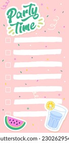 Pink daily planner. Checklist, diary and notebook, memo. Preparing for holiday or festival. Sheet of paper with watermelon and inscription party time. Cartoon flat vector illustration