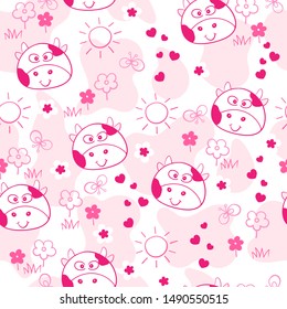 Pink dairy childish cartoon cows repeating pattern