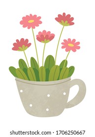 Pink Daisies in a cute clay pot . Polka dot pot . Gardening, nature concept. Illustration for children's book. Cute Poster . Scandinavian style .Minimalisn . Nature .