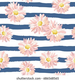 Pink daisies on the striped nautical background. Vector seamless pattern with popular summer flowers.