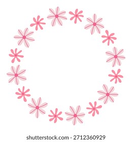 Pink Daisy Circle Frame. Cute hand drawn pastel colored Decorative Floral Wreath with delicate flower blossoms and stripes. Card Template with empty space for text