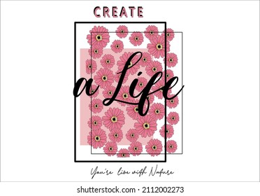 pink daisy flower life lettering slogan  vector. daisy pattern daisy seamless pattern vector design hand drawn spring daisy flower fabric towel design pattern summer print ditsy flower,spring