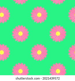 Patrón transparente rosado, impresión de verano brillante, flores vectoriales sobre fondo verde