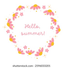 Pink Daisy Summer Wreath Hello Summer Floral Frame for Cards and Prints