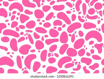 Pink dalmatian or cow animal random shape spot texture seamless pattern on skin. Absract print - dog or giraffe stains on white background. Simple grain dalmation endless backdrop.