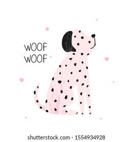 Pink dalmatian. Simple kids graphic. Vector hand drawn illustration.