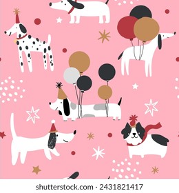 Pink dalmatian terrier flying balloon puppy dog seamless pattern for childish kid greeting congratulations pet wrapping paper.