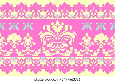 Pink Damask Delight: A seamless vector pattern embracing the elegance of damask tradition in vibrant pink and yellow hues, perfect for feminine and vintage-inspired designs
