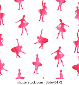 Pink dancing ballerina watercolor  textured silhouettes seamless vector print