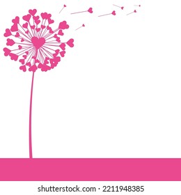 Pink dandelion flower with heart shape flying seeds, vector illustration.