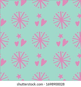 Pink dandelion and heart vector repeat with hearts. Perfect for wallpaper, kids, scrapbooking, stationary and homeware.