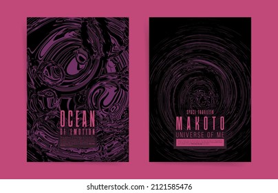 Pink Dark Boho Abstract template design artwork with typography for poster, flyer, brochure or cover. Painted space and liquid aesthetic shapes posters set.