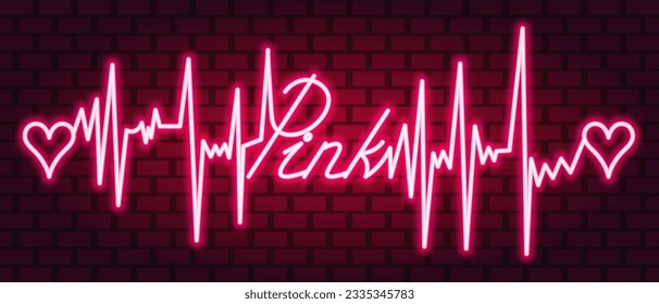 Pink. Dark pink neon. The text is embellished with pulses and hearts. Color vector illustration. Red brick wall, isolated background. Broken zigzag line and romantic lettering in italics. 