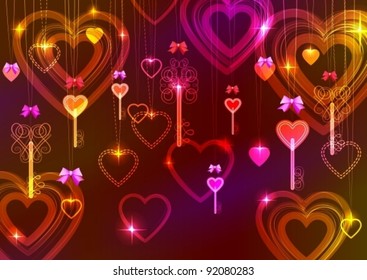 Pink dark Valentine background with keys and hearts, vector