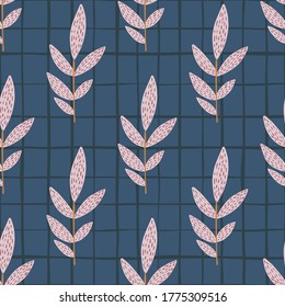 Pink dashed and vertical located branches on dark blue chequered background. Seamless pattern. Vector illustration. Designed for textile, wallpaper, wrapping paper, kids clothes.