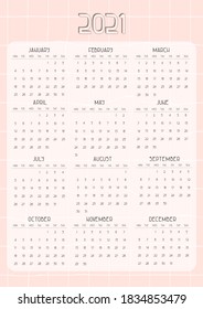 Pink dates calendar from January to December from Monday to Sunday for 2021 year