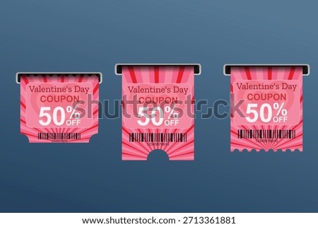 Pink Valentine’s Day coupons with bold 50% discount labels and decorative heart themes.