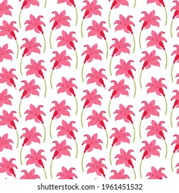 Pink daylily vector seamless pattern. Hand drawn flowers of day lily on white background. Design for wedding decor, wallpapers, curtains, textile, wrapping paper. Retro pattern.