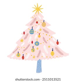 Pink decorated Christmas tree isolated, cute whimsical art, winter holidays design.