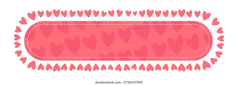 Banner decorativo rosa com bordas arredondadas e borda costurada. Modelo horizontal com um padrão de coração e uma moldura de pequenos corações para o Dia dos Namorados ou designs de casamento. Isolado no branco