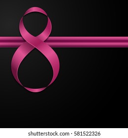 Pink decorative bow Vector illustration Shiny satin pink bow in shape of number 8 with ribbon on black background Realistic style