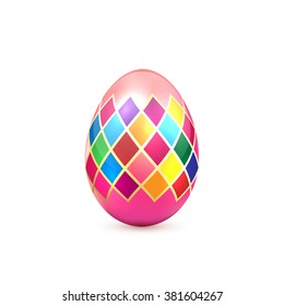 Pink decorative Easter egg with colorful pattern isolated on white background, illustration.